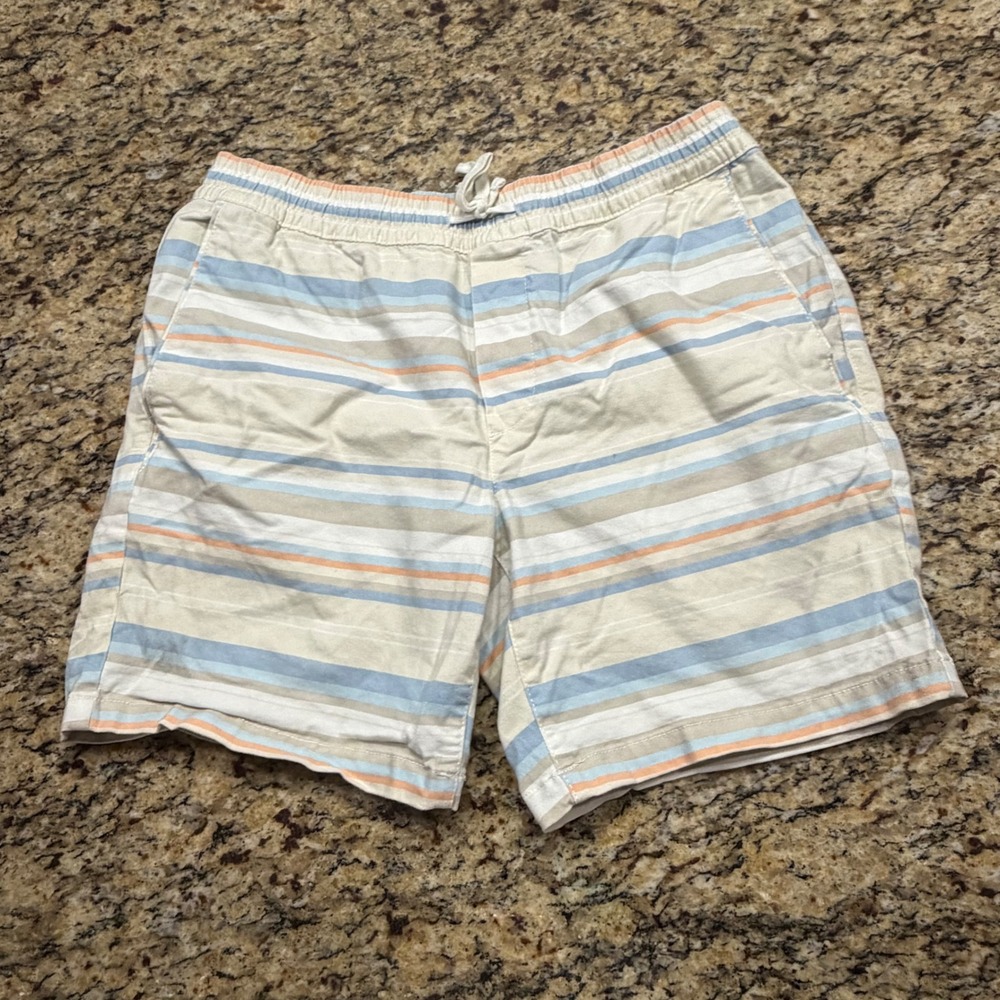 George Mens Striped Flat Front Shorts Cream Blue Orange Size Medium 32-34